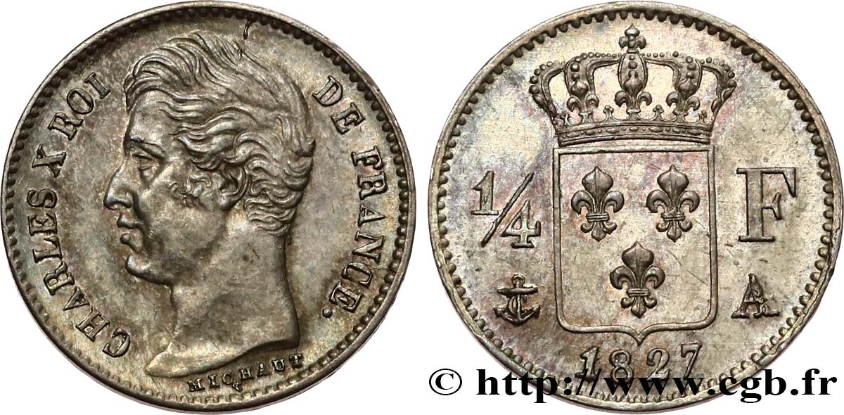 1/4 franc Charles X 1827 Paris F.164/10 SUP62 