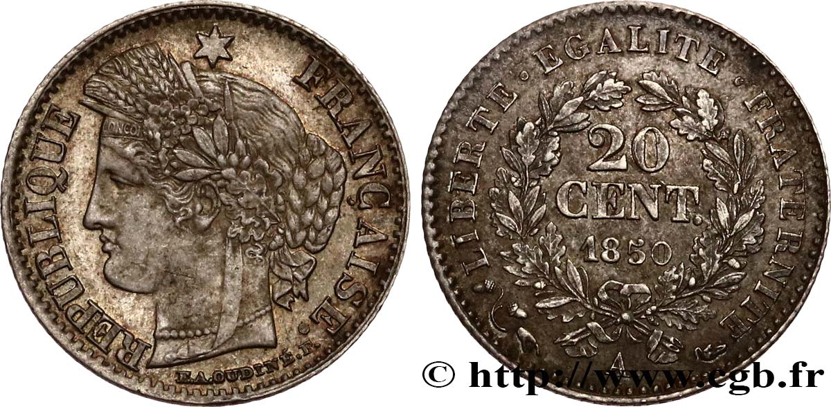 20 centimes Cérès, IIe République 1850 Paris F.146/3 EBC55 