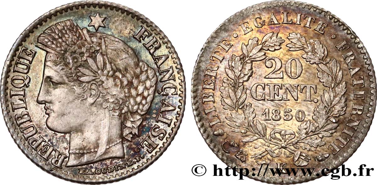 20 centimes Cérès, IIe République 1850 Bordeaux F.146/5 SUP58 