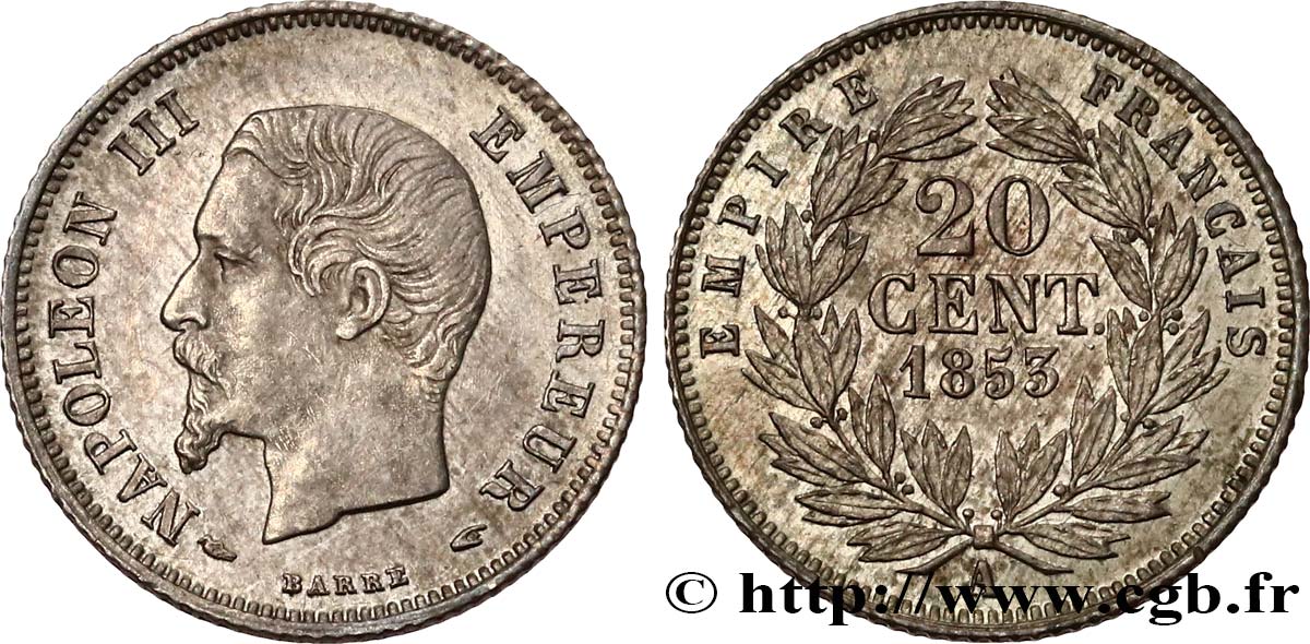 20 centimes Napoléon III, tête nue 1853 Paris F.148/1 MS61 