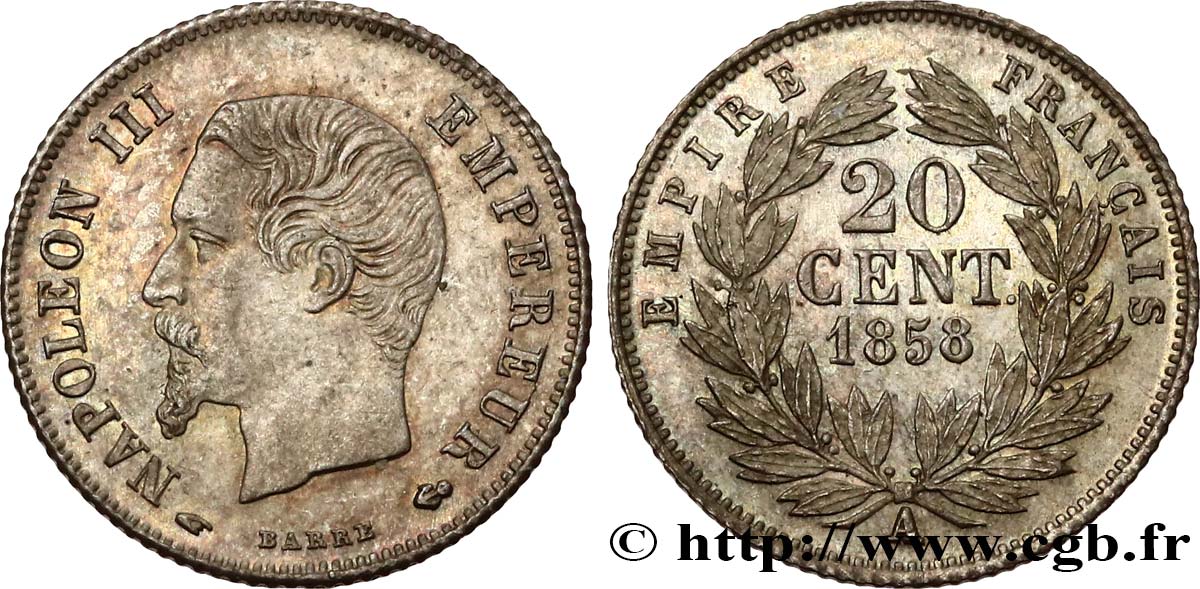 20 centimes Napoléon III, tête nue 1858 Paris F.148/10 SUP60 