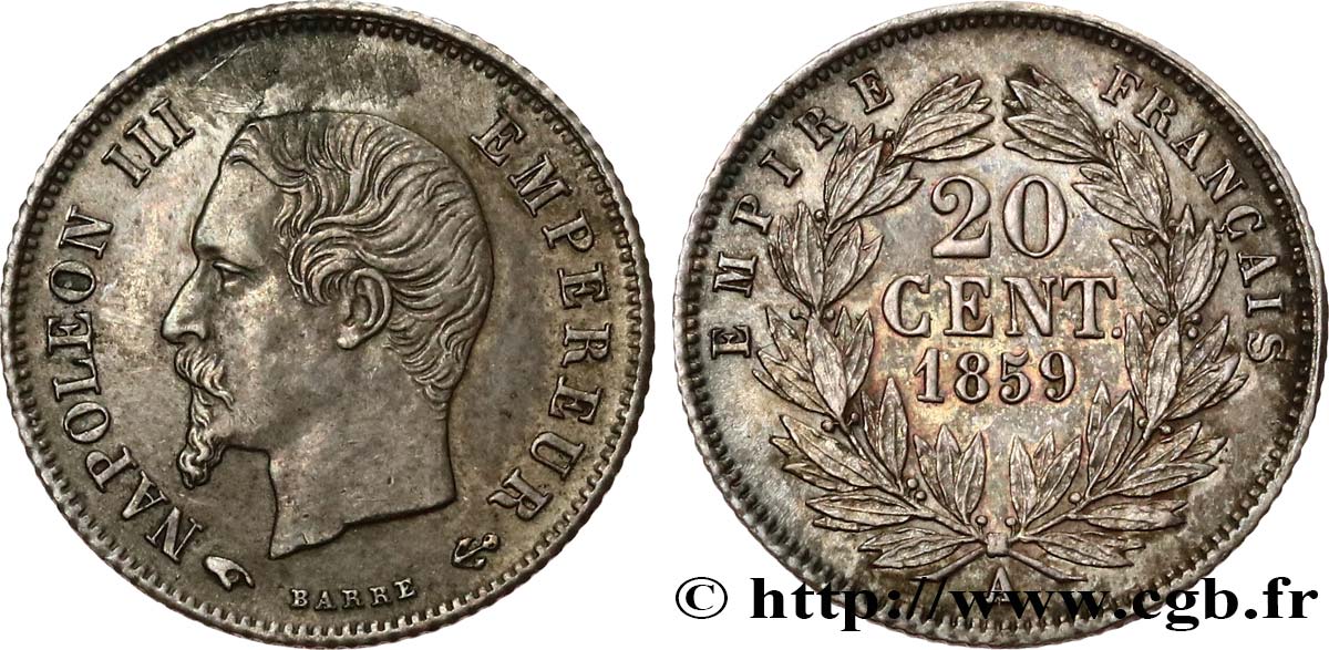 20 centimes Napoléon III, tête nue 1859 Paris F.148/12 AU 