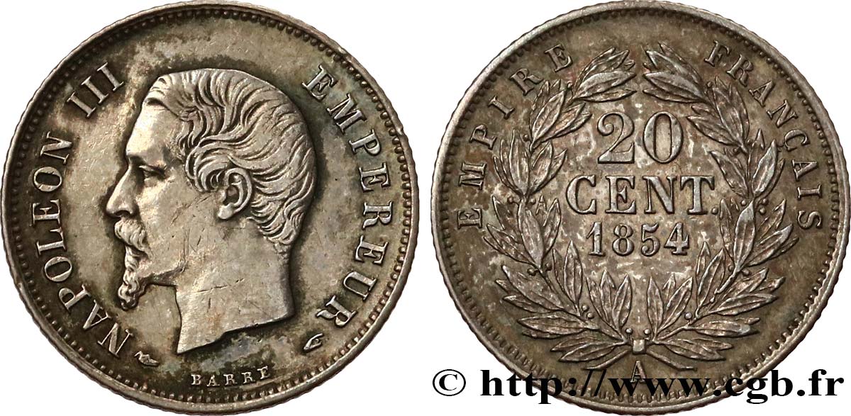 20 centimes Napoléon III, tête nue 1854 Paris F.148/2 AU 