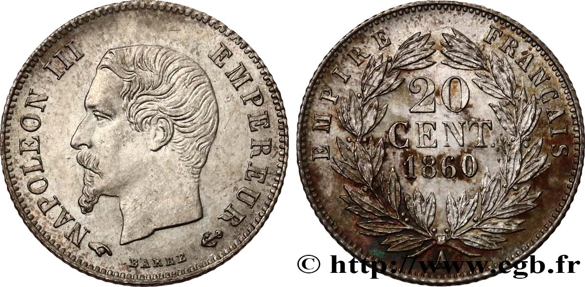 20 centimes Napoléon III, tête nue 1860 Paris F.148/14 EBC62 