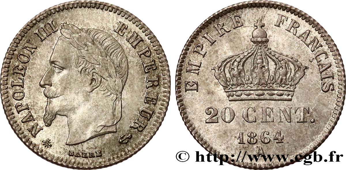 20 centimes Napoléon III, tête laurée, petit module 1864 Paris F.149/1 MS62 