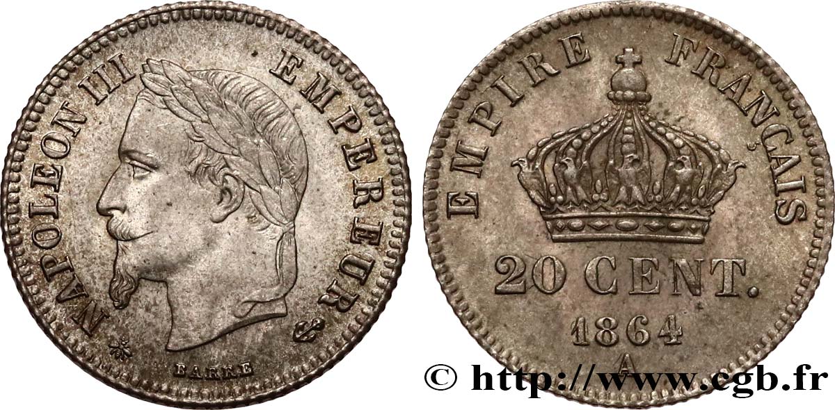 20 centimes Napoléon III, tête laurée, petit module 1864 Paris F.149/1 SUP61 