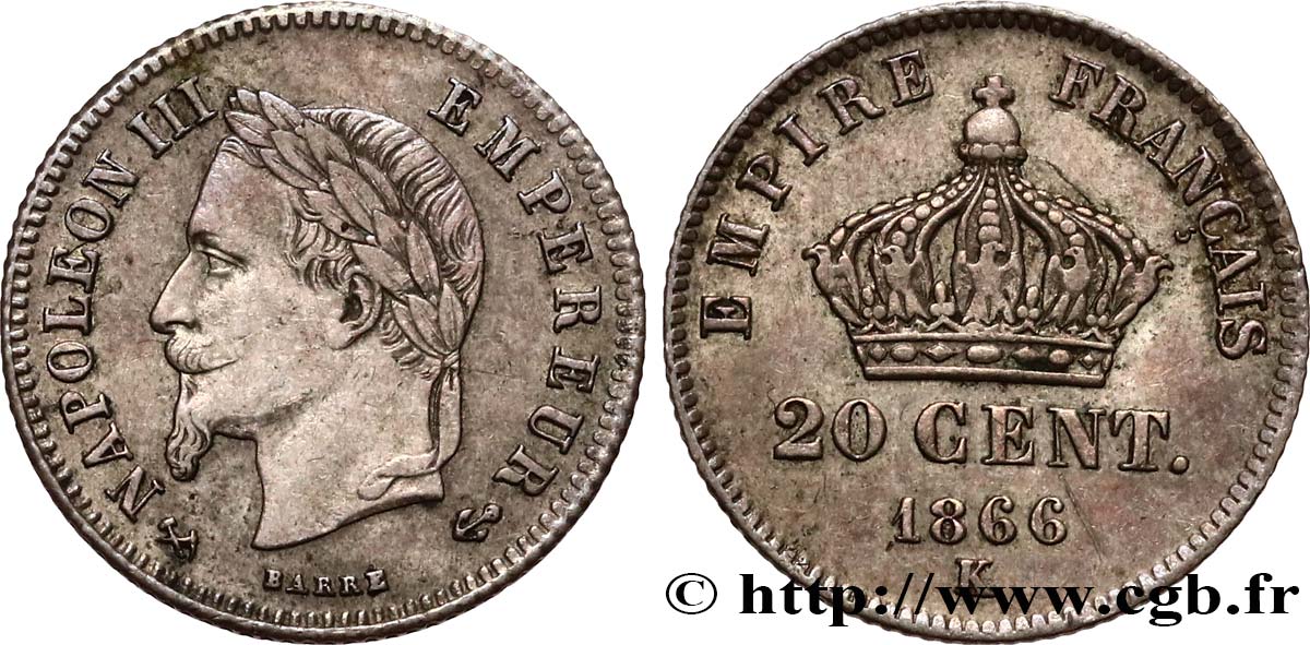 20 centimes Napoléon III, tête laurée, petit module 1866 Bordeaux F.149/6 TTB50 