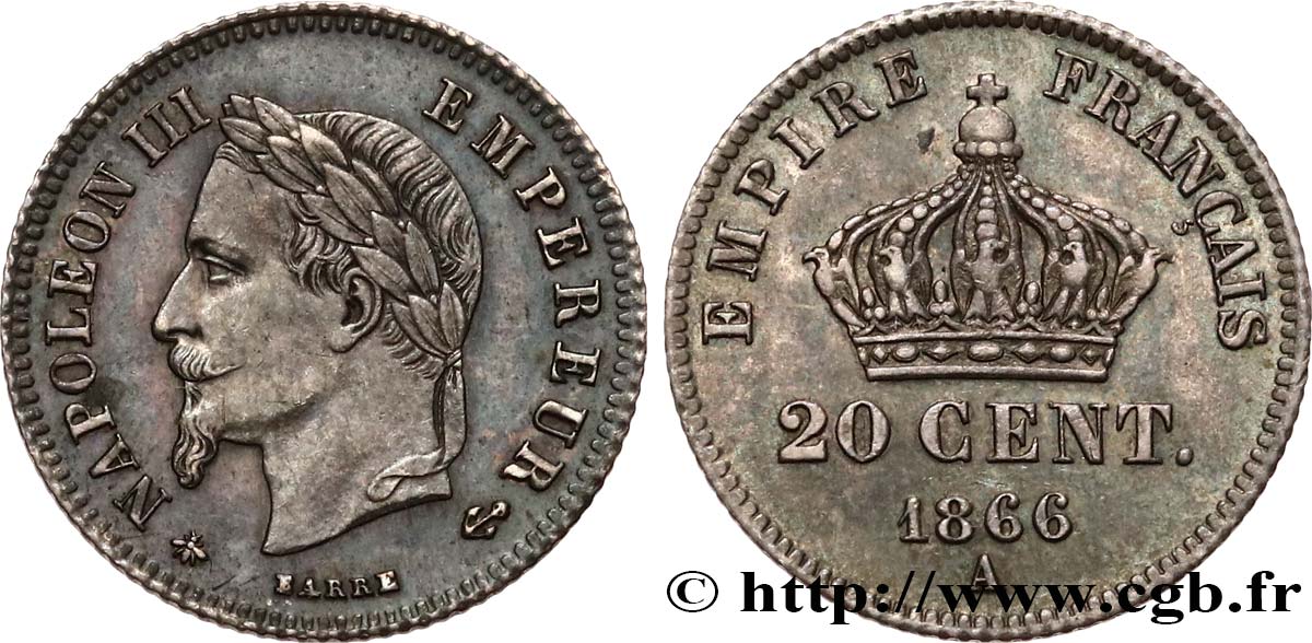 20 centimes Napoléon III, tête laurée, petit module 1866 Paris F.149/4 VZ55 