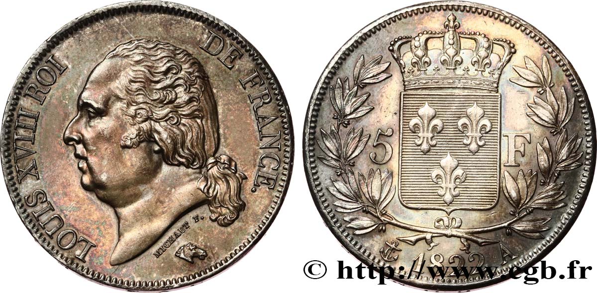 5 francs Louis XVIII, tête nue 1822 Paris F.309/68 VZ62 