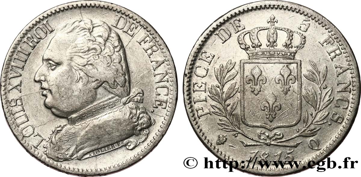 5 francs Louis XVIII, buste habillé 1815 Perpignan F.308/28 MBC 