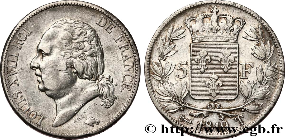 5 francs Louis XVIII, tête nue 1819 Nantes F.309/47 BC+ 