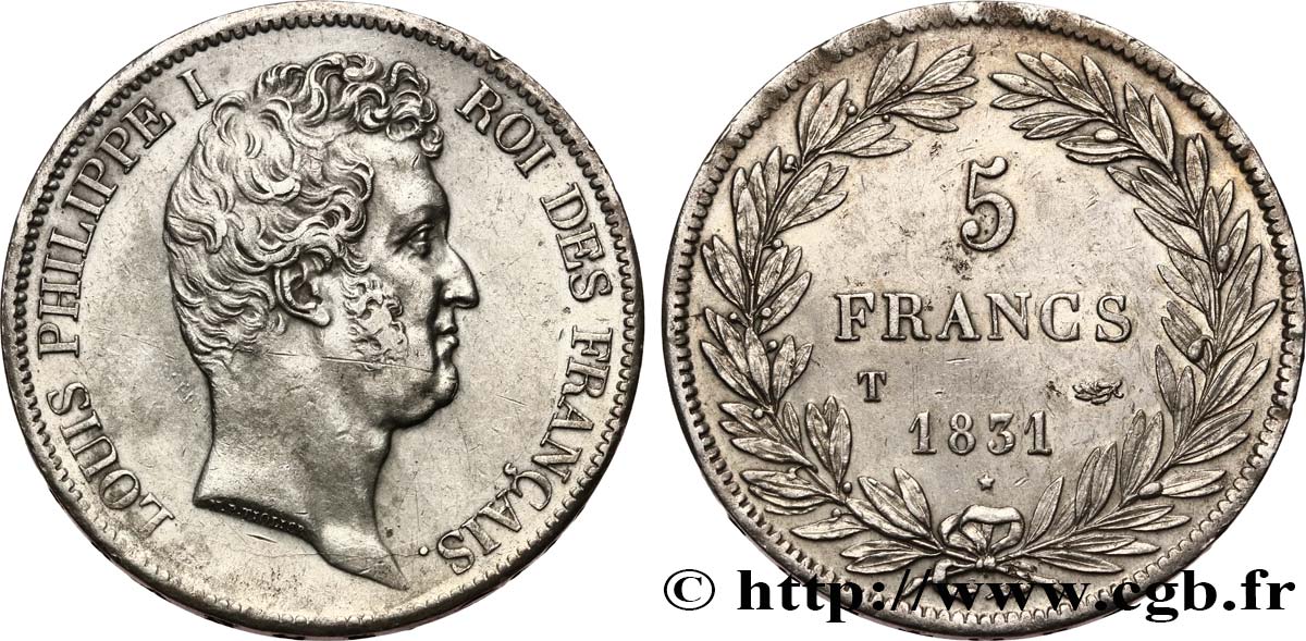 5 francs type Tiolier avec le I, tranche en creux 1831 Nantes F.315/26 TTB+ 
