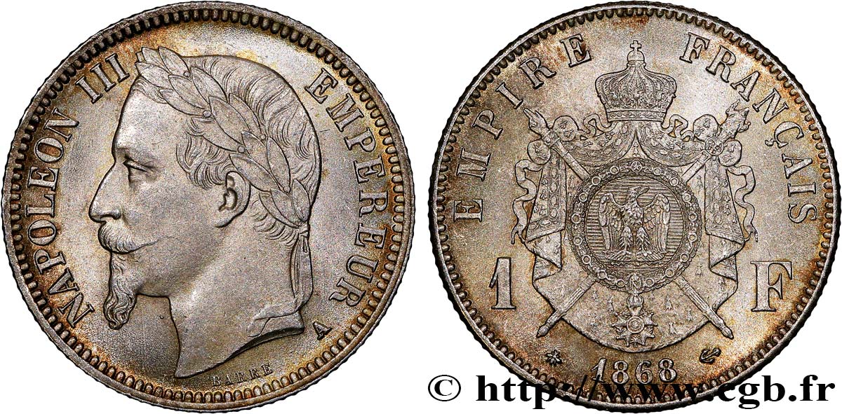 1 franc Napoléon III, tête laurée 1868 Paris F.215/10 fST63 