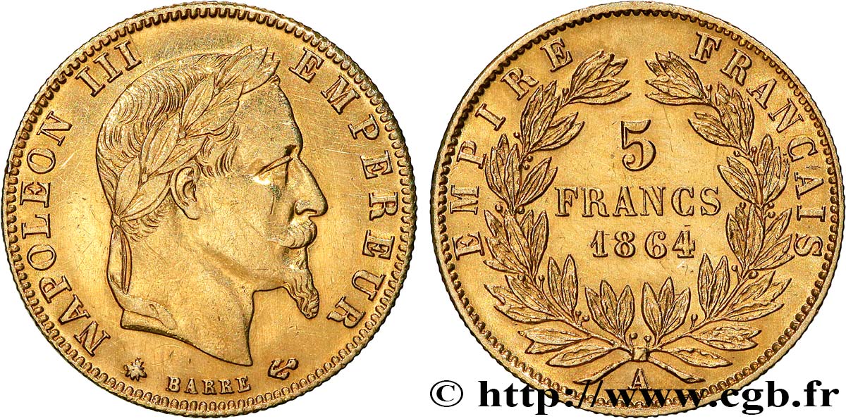 5 francs or Napoléon III, tête laurée 1864 Paris F.502/5 q.SPL 