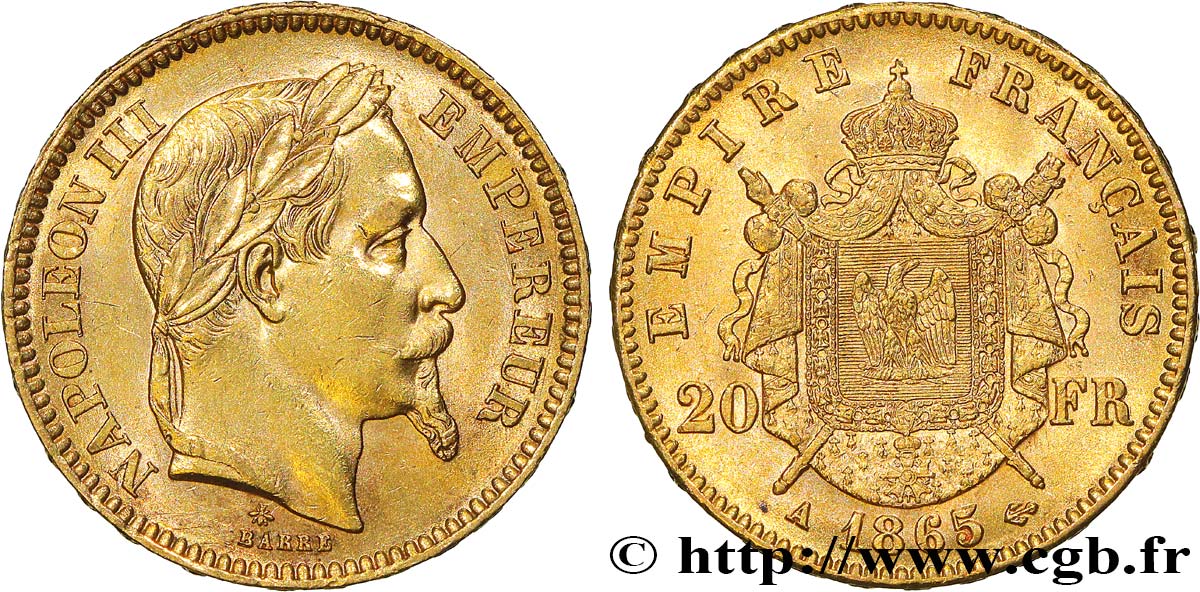 20 francs or Napoléon III, tête laurée 1865 Paris F.532/11 VZ 