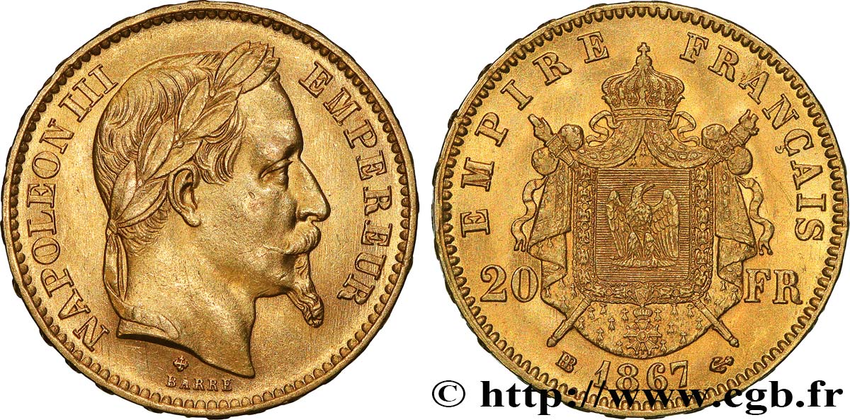 20 francs or Napoléon III, tête laurée 1867 Strasbourg F.532/16 SPL60 
