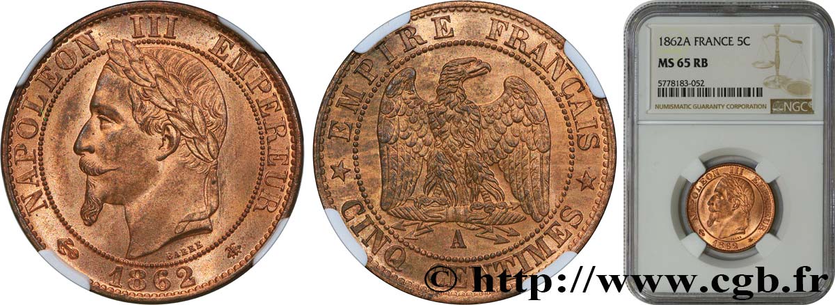 Cinq centimes Napoléon III, tête laurée 1862 Paris F.117/7 ST65 NGC