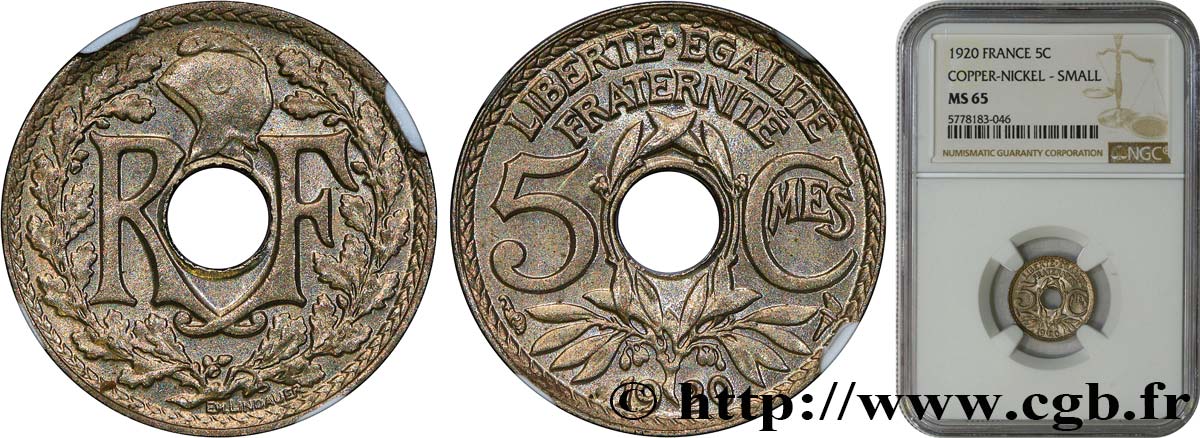 5 centimes Lindauer, petit module 1920  F.122/2 ST65 NGC