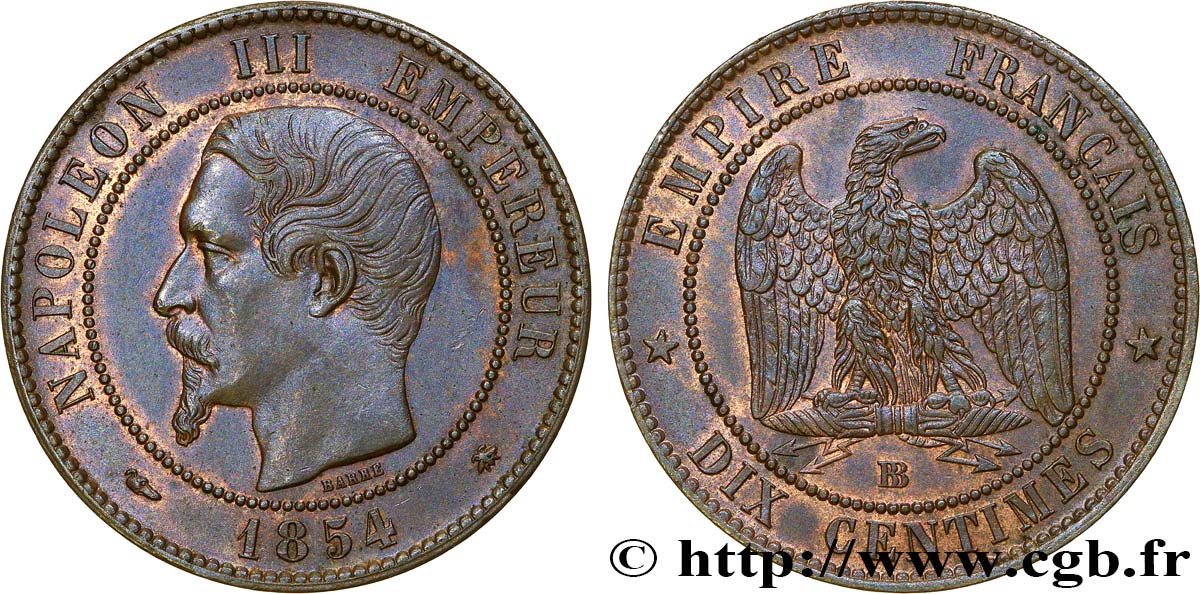 Dix centimes Napoléon III, tête nue 1854 Strasbourg F.133/13 VZ61 