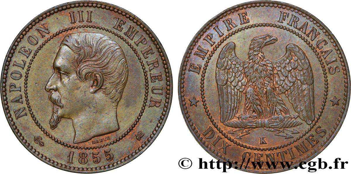 Dix centimes Napoléon III, tête nue 1855 Bordeaux F.133/29 VZ 