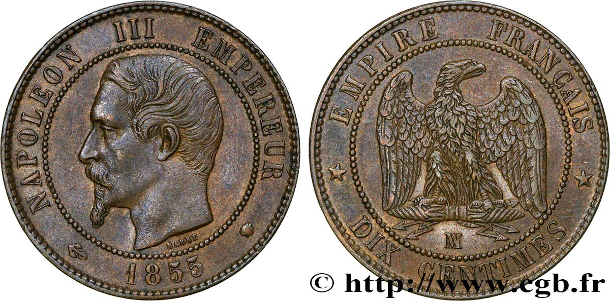 Dix centimes Napoléon III, tête nue 1855 Marseille F.133/31 AU55 