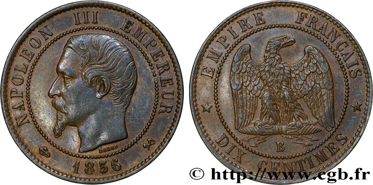 Dix centimes Napoléon III, tête nue 1856 Rouen F.133/35 TTB+ 