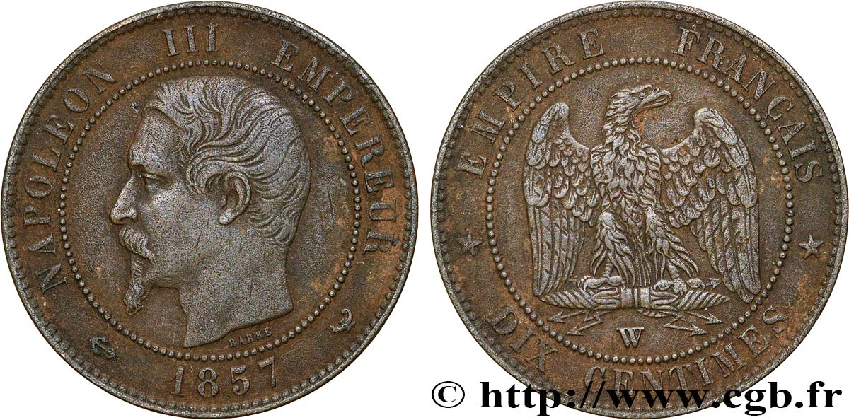 Dix centimes Napoléon III, tête nue 1857 Lille F.133/46 MBC 