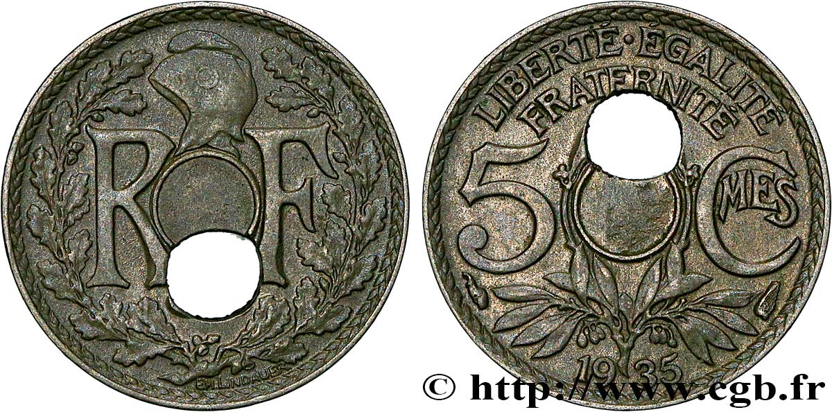 5 centimes Lindauer, petit module, trou décentré 1935 Paris F.122/18 var. TTB50 