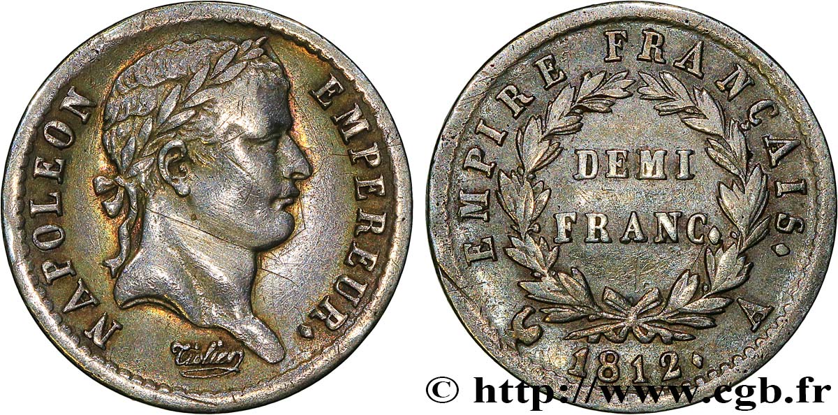 Demi-franc Napoléon Ier tête laurée, Empire français 1812 Paris F.178/35 MBC 