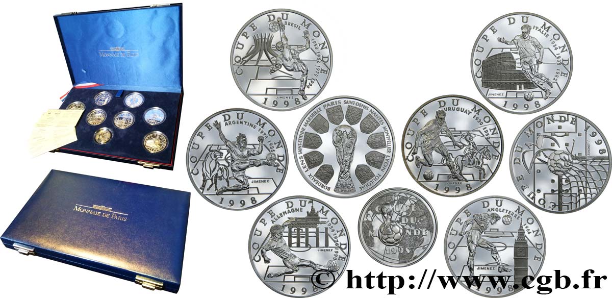 Coffret des huit pièces de 10 Francs Belle Épreuve Coupe du monde de football 1998 + une pièce de 1 Franc n.d.  F5.1306 à 1313 1 FDC 