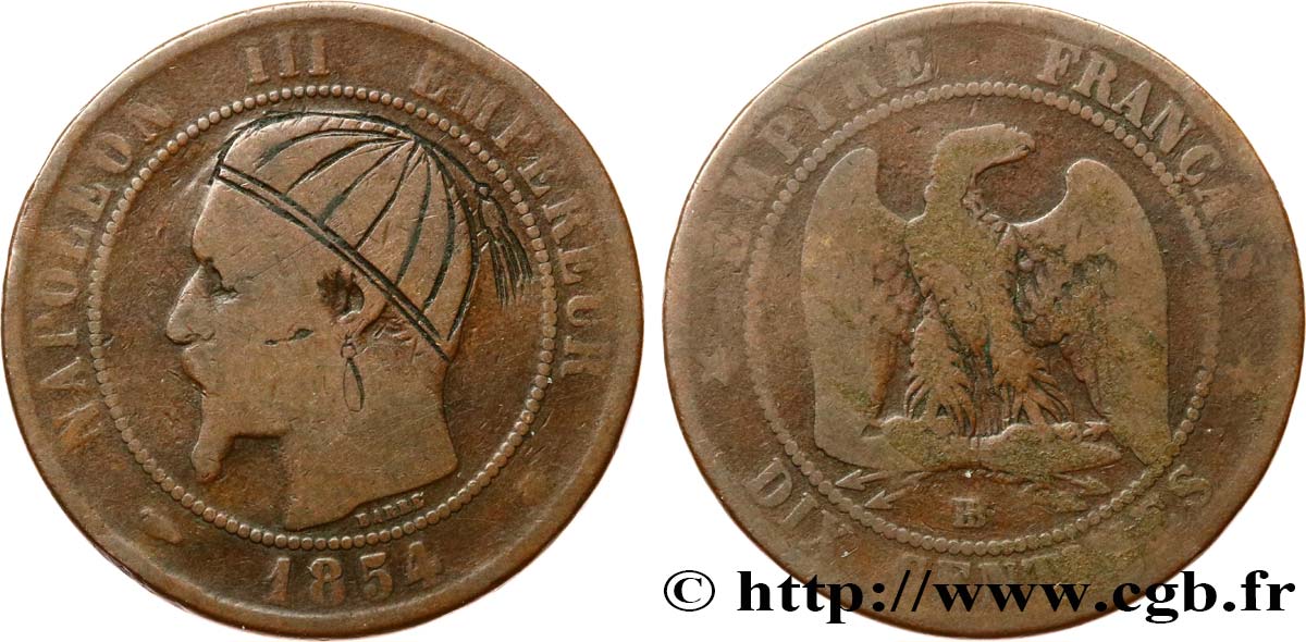Dix centimes Napoléon III, tête nue 1854 Strasbourg F.133/13 SGE 