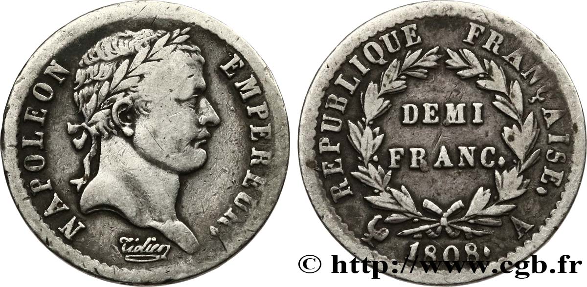 Demi-franc Napoléon Ier tête laurée, République française 1808 Paris F.177/2 TB 