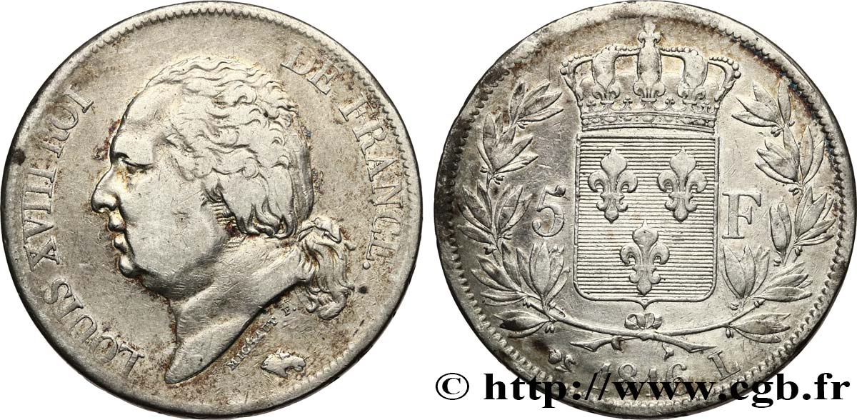 5 francs Louis XVIII, tête nue 1816 Bayonne F.309/8 BC+ 