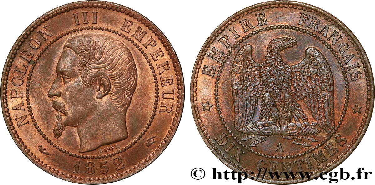 Dix centimes Napoléon III, tête nue 1852 Paris F.133/1 MS64 