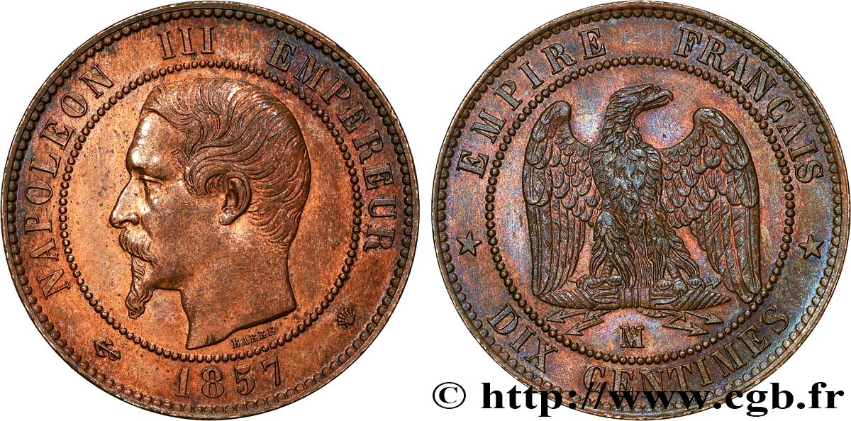Dix centimes Napoléon III, tête nue 1857 Marseille F.133/45 VZ 