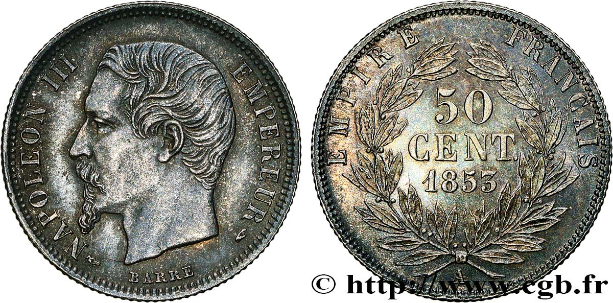 50 centimes Napoléon III, tête nue 1853 Paris F.187/1 MS63 