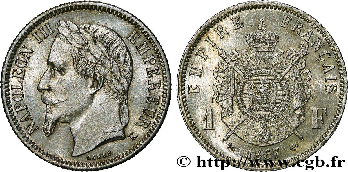 1 franc Napoléon III, tête laurée 1867 Bordeaux F.215/9 EBC+ 