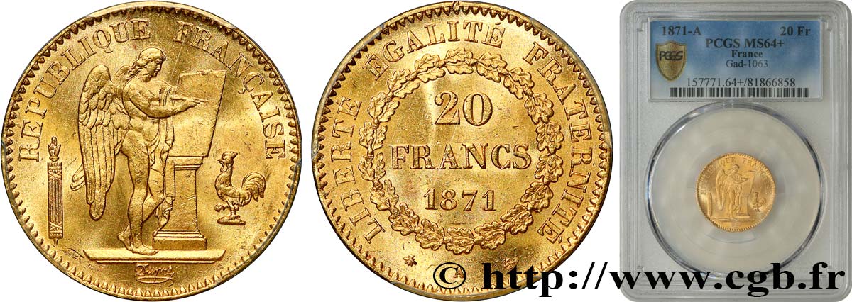 20 francs génie, Troisième république 1871 Paris F.533/1 SC64 PCGS