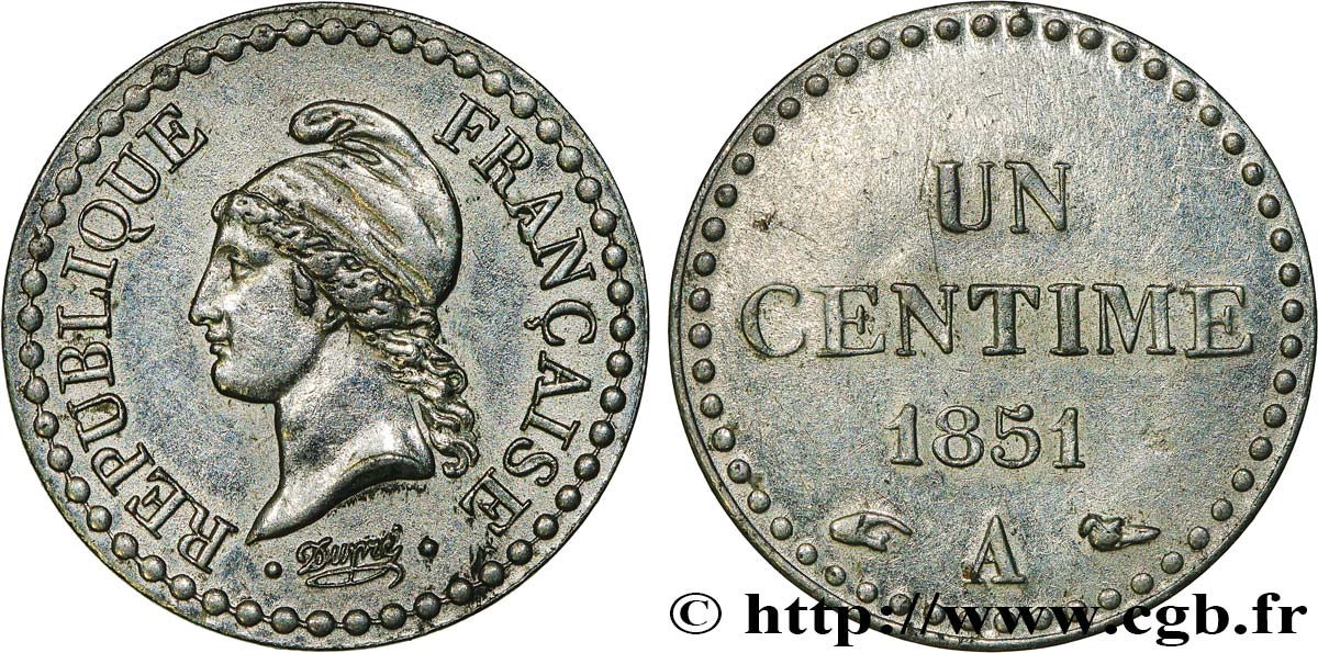Un centime Dupré, IIe République, nickelée 1851 Paris F.101/8 SUP 