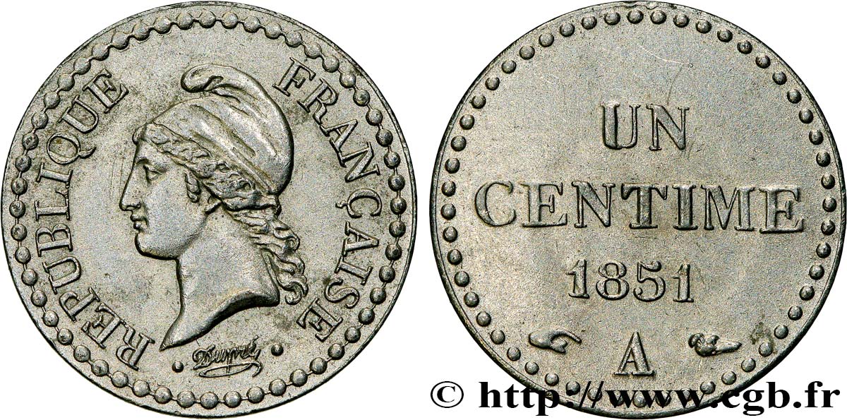 Un centime Dupré, IIe République, nickelée 1851 Paris F.101/8 SUP 