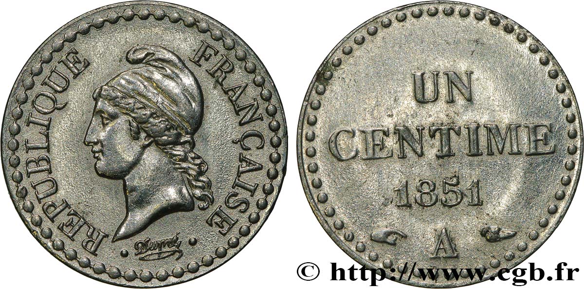 Un centime Dupré, IIe République, nickelée 1851 Paris F.101/8 SUP 