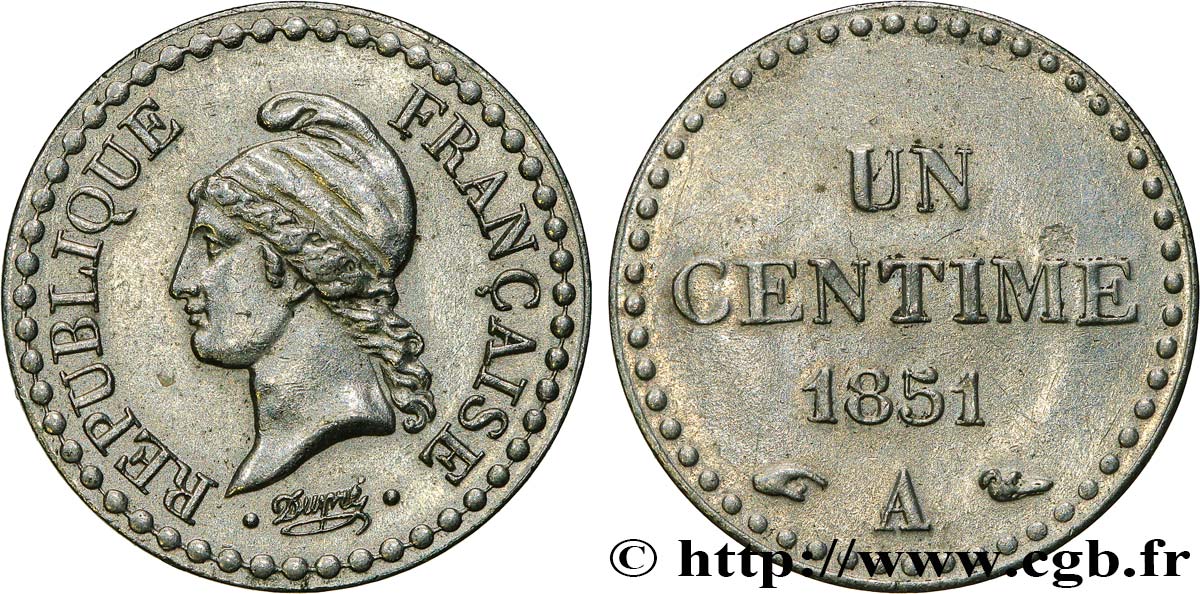 Un centime Dupré, IIe République, nickelée 1851 Paris F.101/8 EBC 