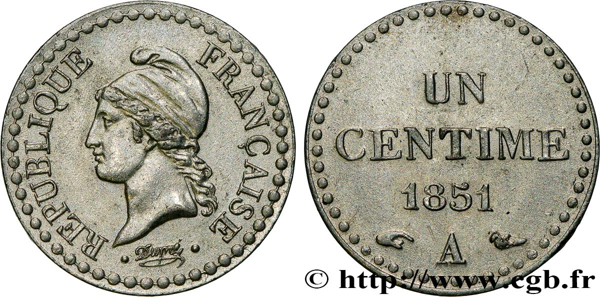 Un centime Dupré, IIe République, nickelée 1851 Paris F.101/8 SUP 