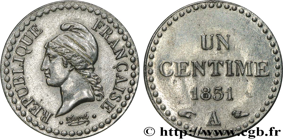 Un centime Dupré, IIe République, nickelée 1851 Paris F.101/8 SUP 