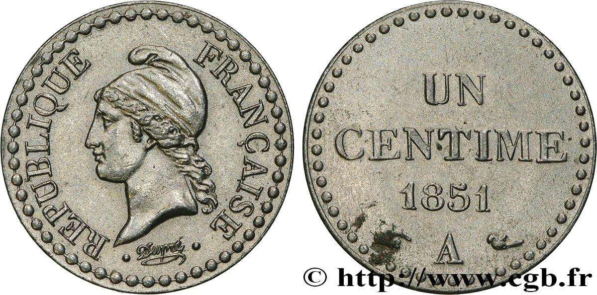 Un centime Dupré, IIe République, nickelée 1851 Paris F.101/8 EBC 