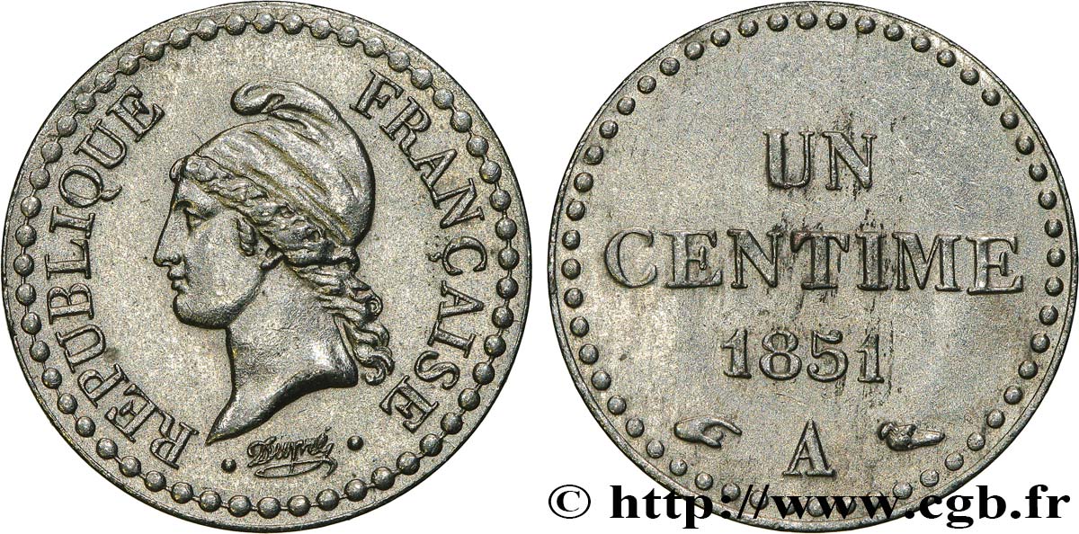 Un centime Dupré, IIe République, nickelée 1851 Paris F.101/8 VZ 