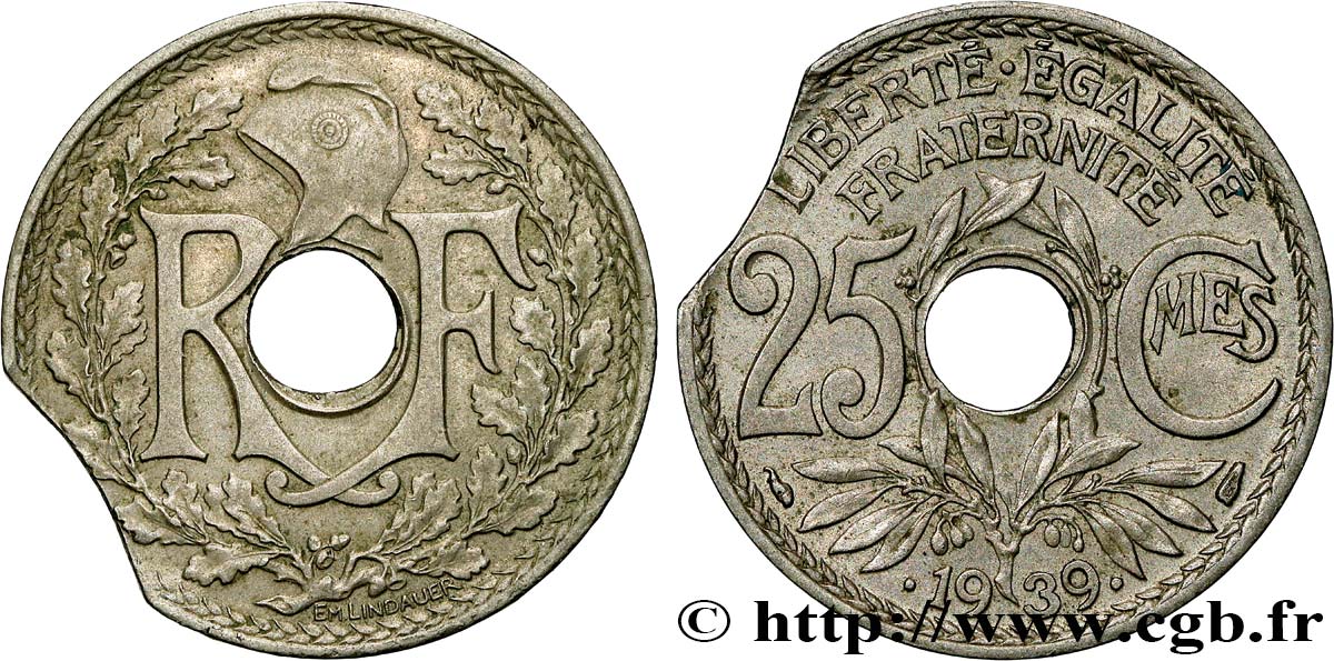 25 centimes Lindauer, maillechort, flan clippé 1939  F.172/3 q.SPL 