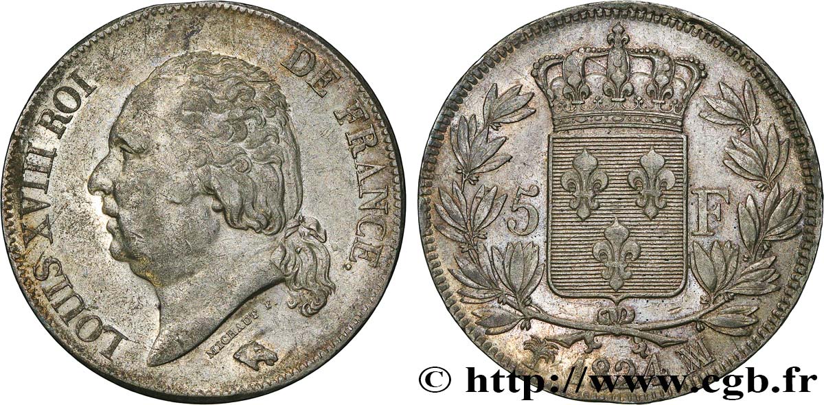 5 francs Louis XVIII, tête nue 1824 Marseille F.309/96 SS45 