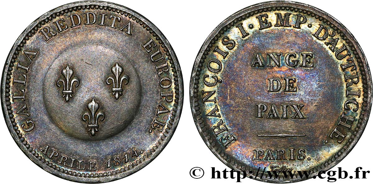 Ange de Paix, module de 2 francs pour François Ier d’Autriche en argent 1814 Paris VG.2357  VZ 