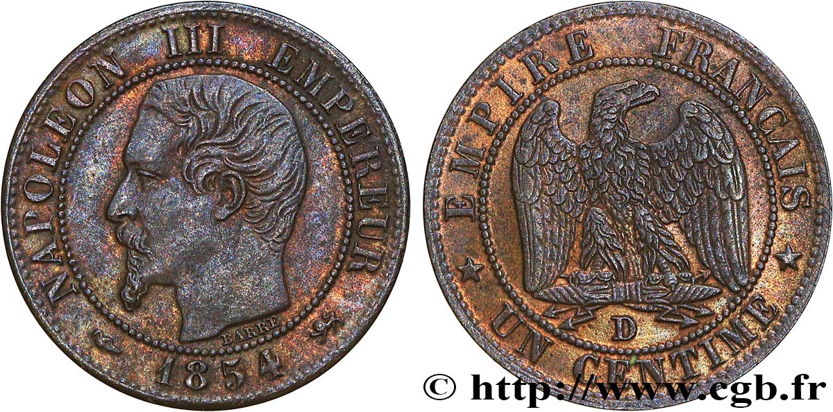 Un centime Napoléon III, tête nue 1854 Lyon F.102/12 AU53 